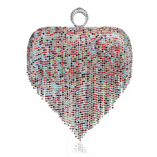 Embreagem de borla de diamantes brilhantes para mulheres, bolsa caixa de metal, bolsa de festa noturna, alça redonda, moda
