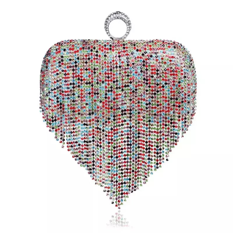 Embreagem de borla de diamantes brilhantes para mulheres, bolsa caixa de metal, bolsa de festa noturna, alça redonda, moda