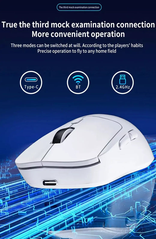 Mouse para jogos sem fio leve, sensor óptico 2.4G USB-C Bluetooth DPI PAW3395, adequado para PC/laptop/Win/Mac.