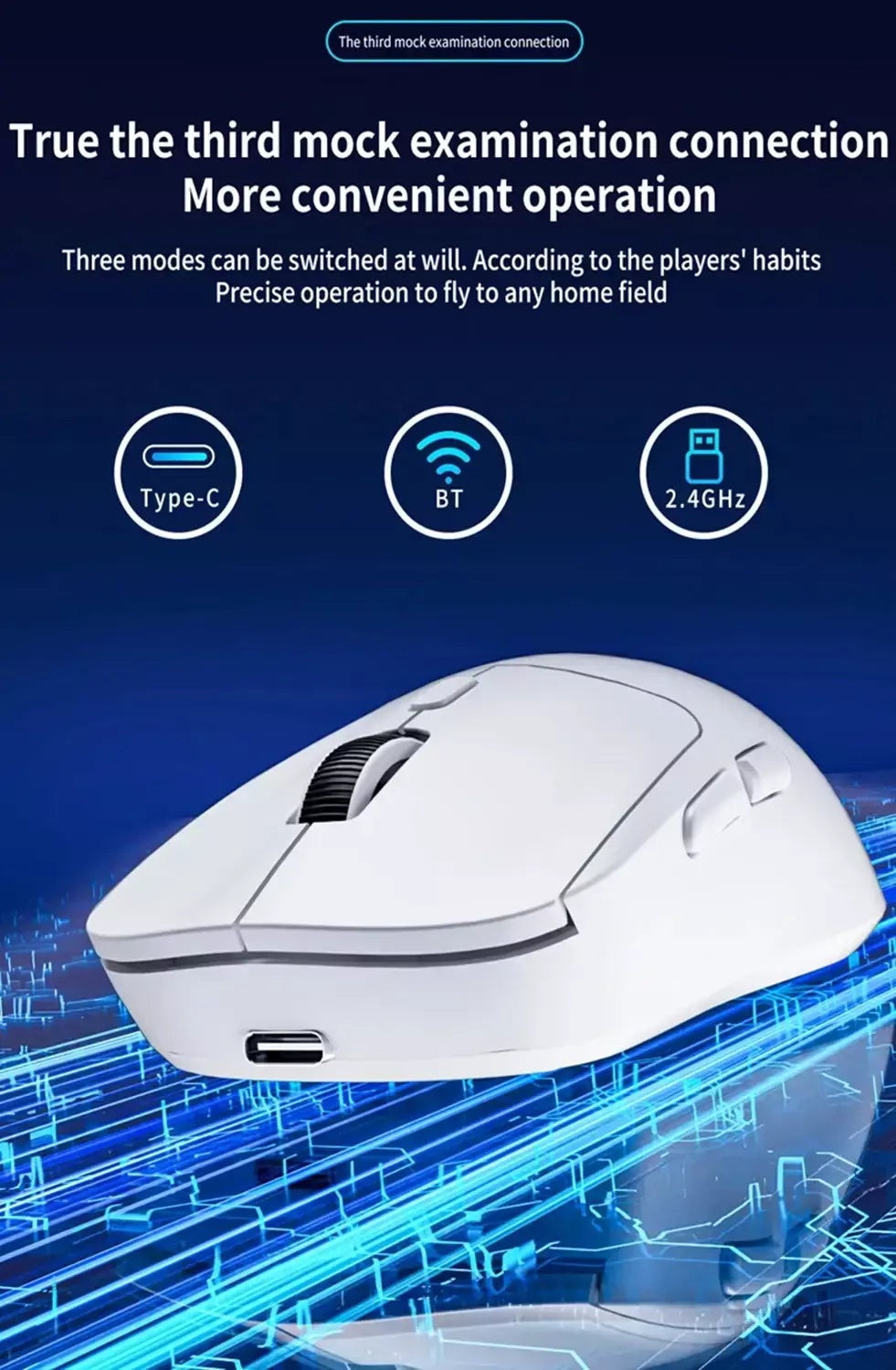 Mouse para jogos sem fio leve, sensor óptico 2.4G USB-C Bluetooth DPI PAW3395, adequado para PC/laptop/Win/Mac.
