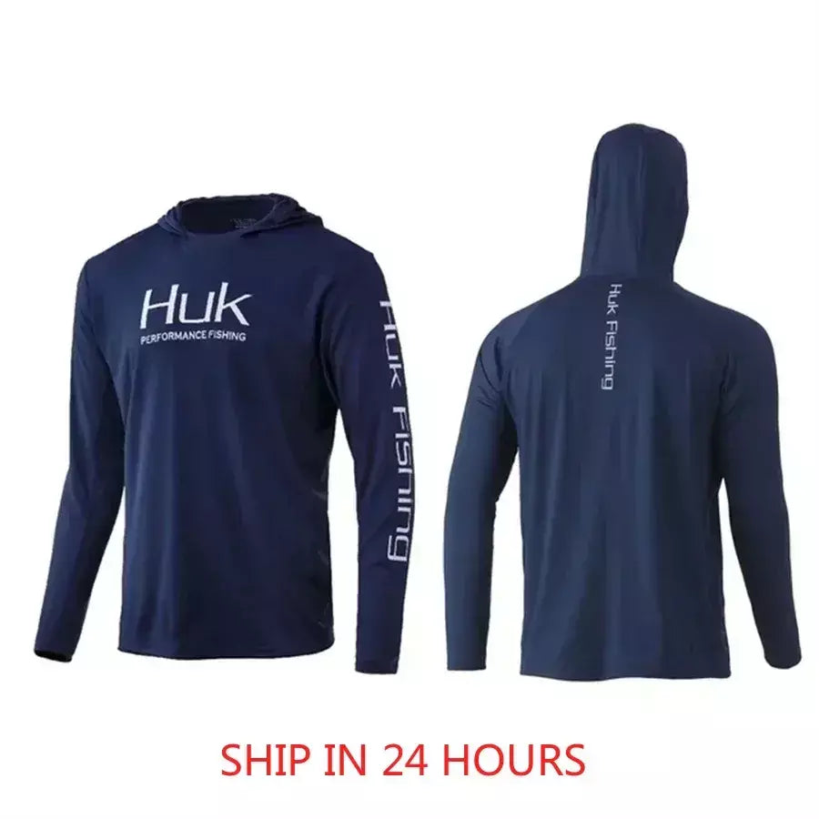 Camisa de pesca huk com chapéu manga longa sol uv upf50 verão secagem rápida superior leve roupas de pesca dos homens esportes caça acampamento