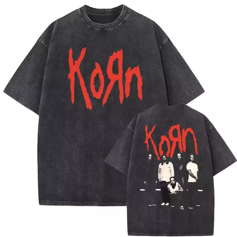 Camisetas com estampa de esqueleto masculinas, banda de rock vintage lavada, Korn caindo longe de mim, camiseta gótica, camiseta masculina extragrande, moda