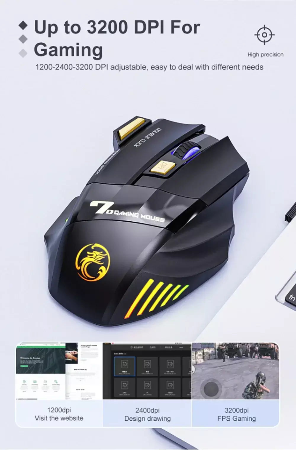 GW 2.4G e Bluetooth Mouse Sem Fio Silencioso Recarregável Luz de Respiração 7 Teclas DPI Sensor Óptico Ajustável Mouse Jogo Escritório