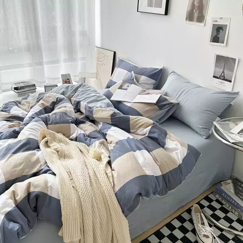 Conjunto de roupa de cama de algodão lavado, listrado, grade, lençol minimalista, consolador, capa de edredão rainha, duplo para meninos e meninas