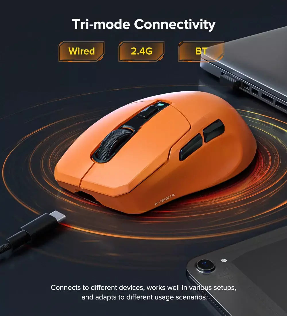 Kysona uranus pro mouse para jogos sem fio mouse ergonômico paw3395 54g 8khz taxa de pesquisa 26000dpi para mão direita grande pc gamer
