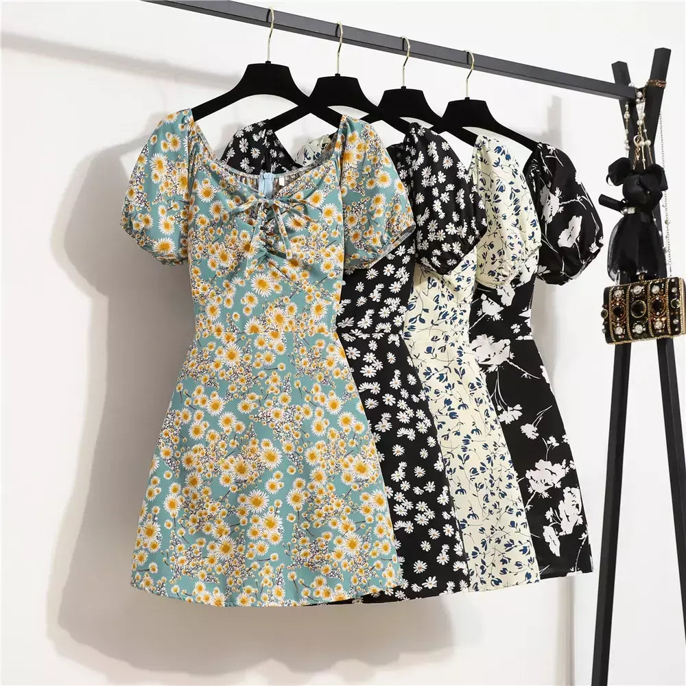 Mulheres mini vestidos de verão moda feminina vestidos impressão floral chiffon vestidos shirring plissado manga curta inchado vestido casual