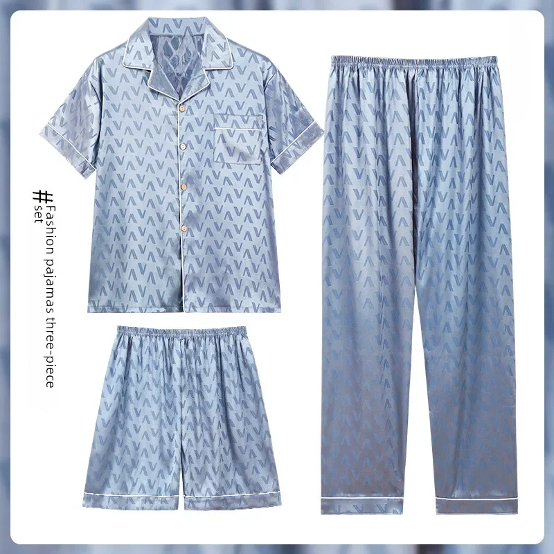 Pijama Jacquard de seda gelada masculino, manga curta, outwear casual, simulação adolescente, roupa de casa, verão, conjunto de 3 peças