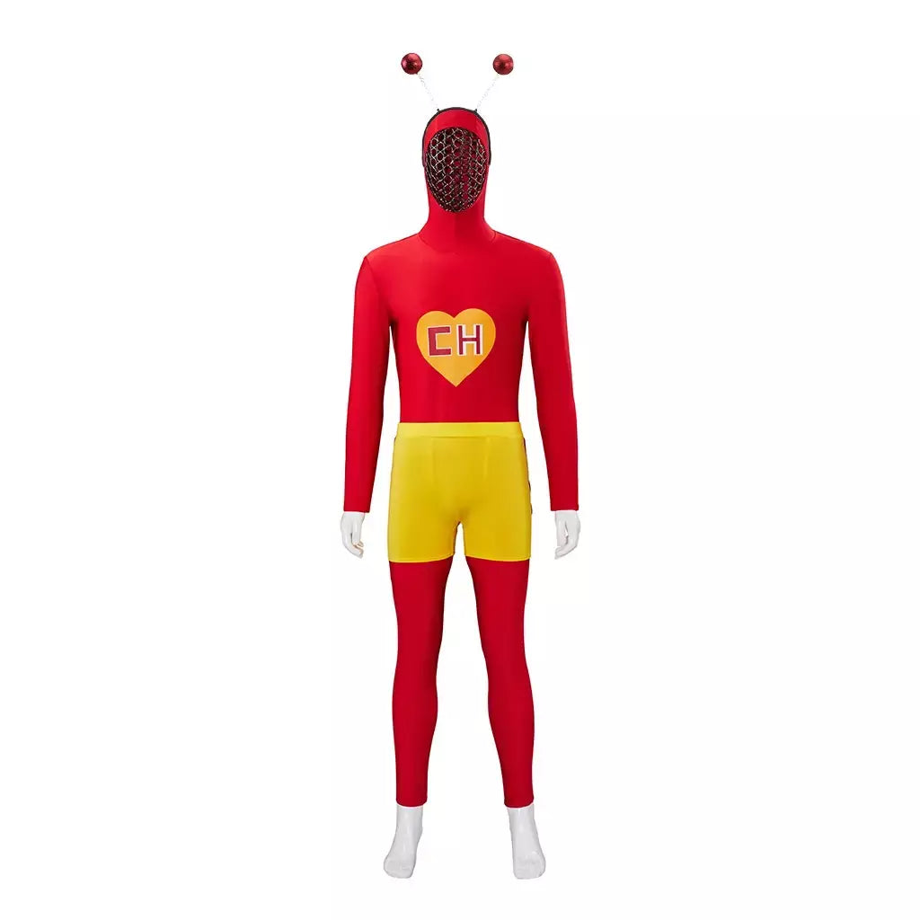 El chapulin colorado cosplay traje vermelho com capuz macacão com antena ch coração impresso bodysuit roupas de festa de halloween