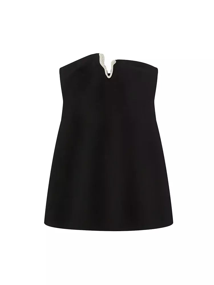 Tfmln moda feminina mini vestido sem alças verão 2025 novo chique diamante com decote em v sexy fora do ombro vestidos curtos elegante vintage ?