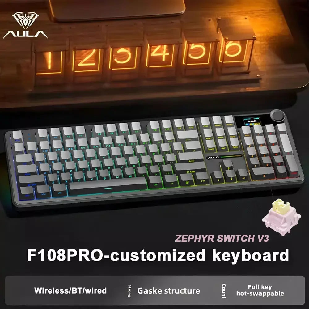 AULA F108 Pro Gaming Mecânico Teclado Tri Mode Personalizado Multi-Pulha Tela RGB Esports Teclado Sem Fio com TFT Smart Display