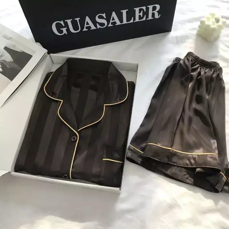 Pijama feminino de seda gelo, manga curta, calça curta, seda de simulação, roupa doméstica, cor sólida, listrado, estudante, conjunto 2 peças, S, L