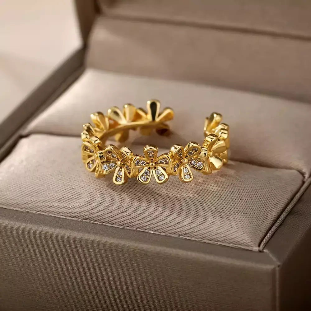 Anéis geométricos de zircônia de aço inoxidável para mulheres luxo mau olhado cor dourada ajustável na moda casamento estética jewerly presente