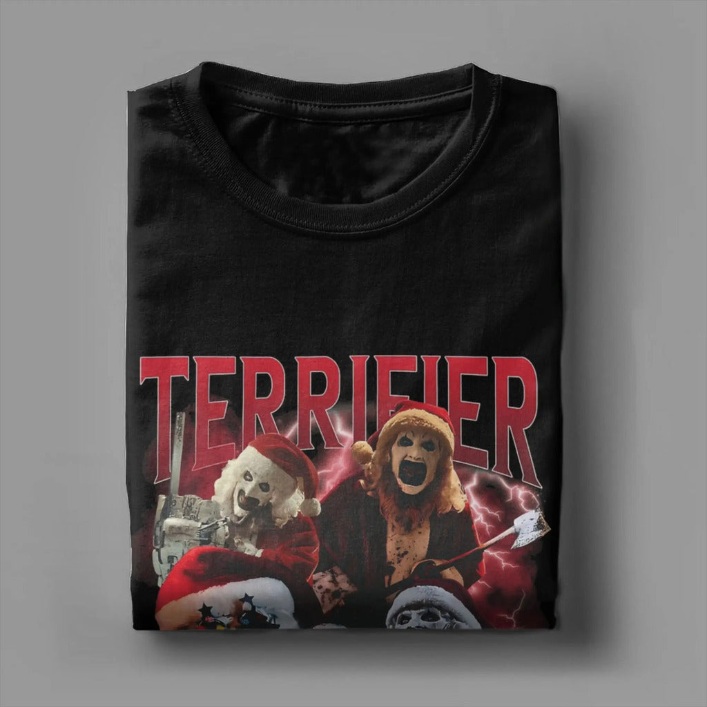 Arte engraçada os palhaços terrifier natal camiseta masculina em torno do pescoço puro algodão t camisas de manga curta camiseta impressa topos
