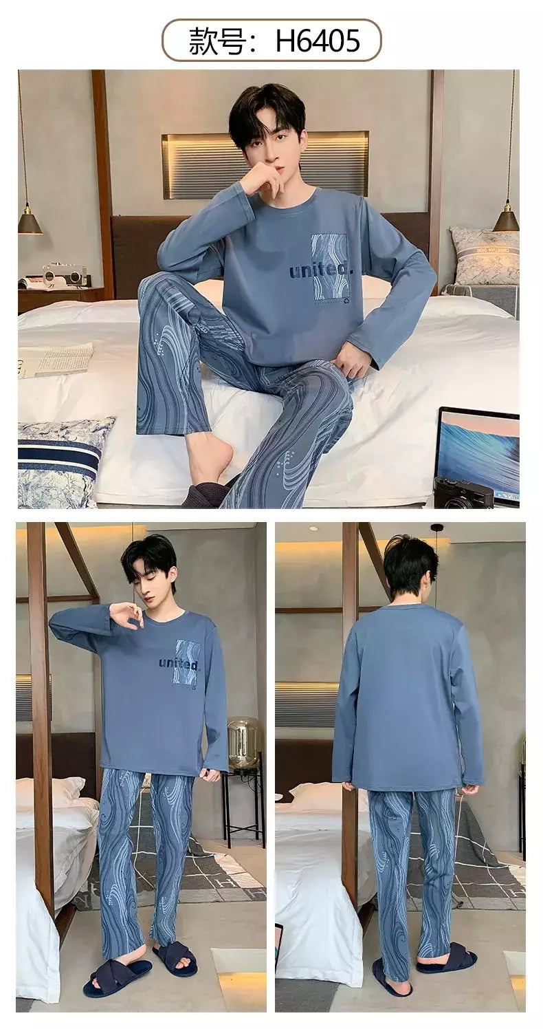 Pijama de algodão de duas peças masculino, calça de manga comprida, traje caseiro, estudante e adolescente, novo outono
