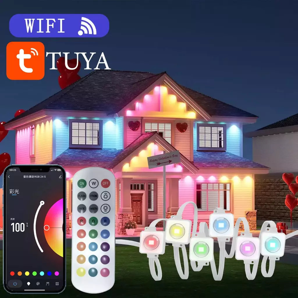 Outdoor Eaves Luz LED, TUYA, Permanente, Impermeável, RGB Light String, Cena DIY, Iluminação de Festa de Natal, 24V, 2A, 144 FT, 90LED