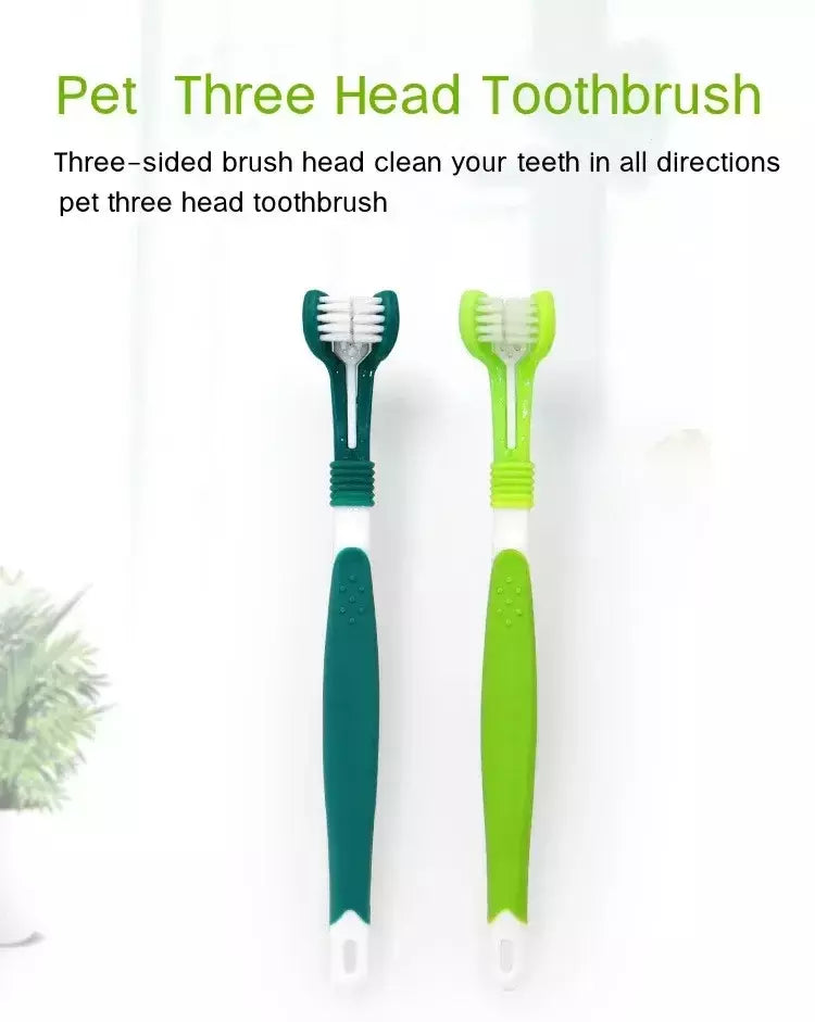 Escova de dentes de plástico para animais de estimação, 3 lados, remoção de tártaro, mau hálito, limpeza de boca, cuidados dentários para animais de estimação, boca de limpeza de gato