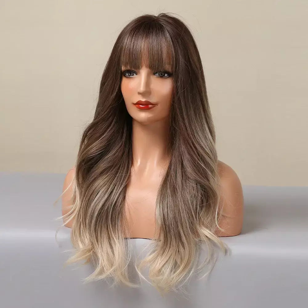 Louis ferre longo ombre loira perucas sintéticas com franja para mulheres onda natural penteado fibra resistente ao calor cosplay perucas marrons
