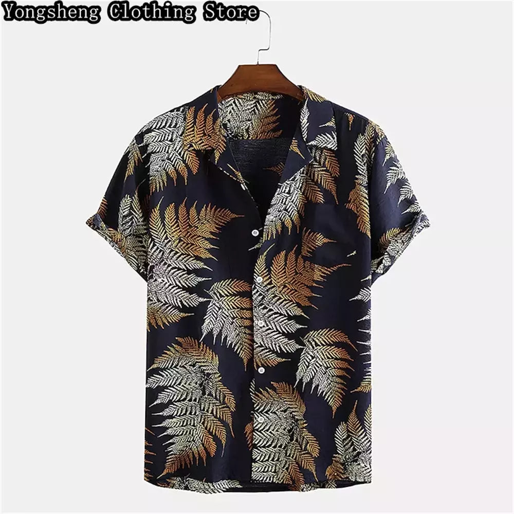 Camisa casual de seda gelo estampada manga curta masculina, site independente, roupas de férias havaianas, venda quente