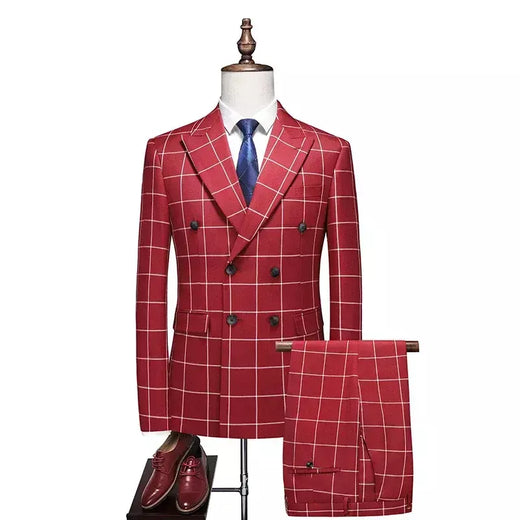 (Blazer + calça + colete) masculino luxo formal ternos de casamento moda masculina negócios social baile festa duplo breasted vestido xadrez 3 peça