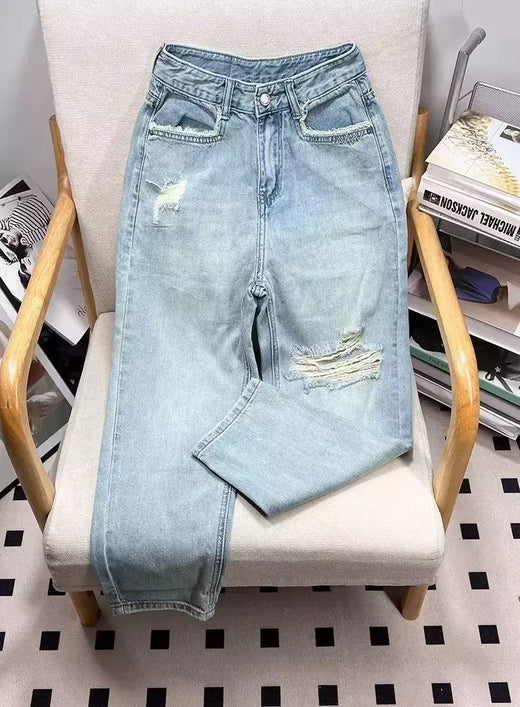 Calça harém feminina de cintura alta na moda, jeans estilo coreano, emagrecedora, solta, rasgada, 9 pontos, nova chegada, outono