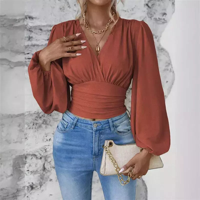 Pulôver feminino com decote V profundo, blusa feminina de manga comprida, tops casuais diários, cintura solta e magro, crossover, primavera, outono