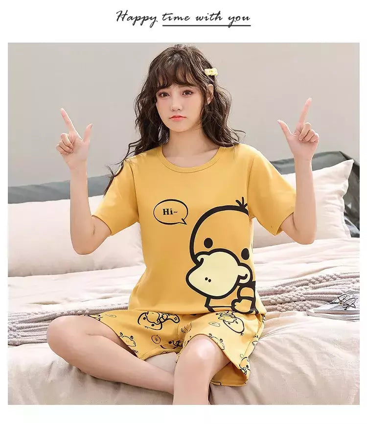 Desenhos animados pato impressão pijama conjuntos para jovens amantes, pijamas de algodão, ternos curtos para casais, moda homewear, verão, 4XL