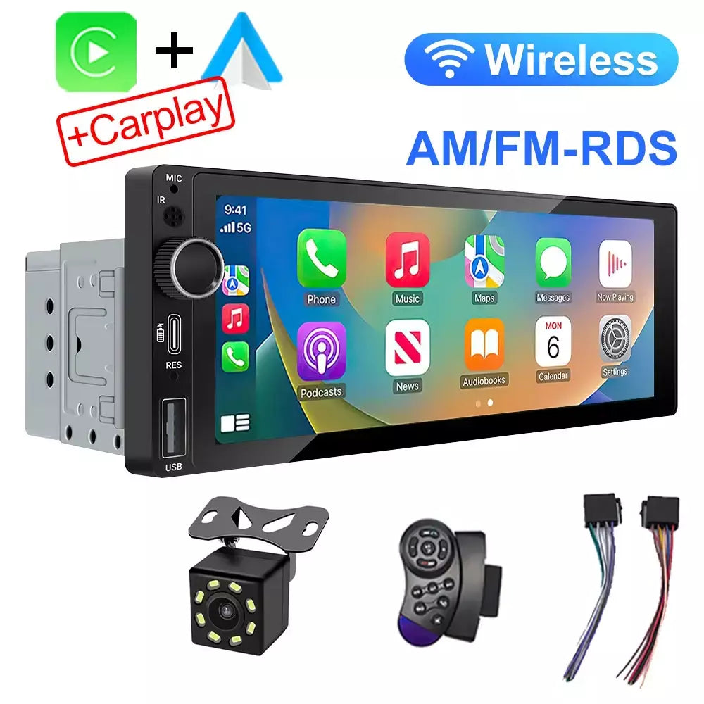 Ips 6.9 Polegada 1din sem fio ou com fio carplay android auto rádio do carro multimídia mp5 player 1 din dvd bluetooth estéreo carregamento usb