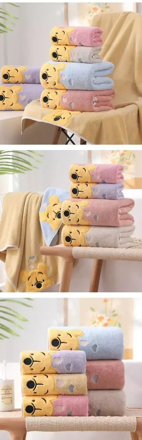 Winnie Bear Bath Towel Set para Crianças, Macio e Absorvente, Coral Velvet, Home Wash, Desenhos animados