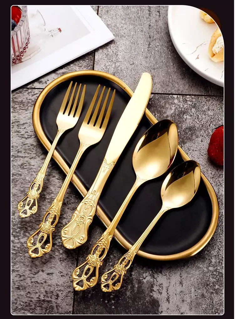 Conjunto de talheres de aço inoxidável dourado, colher europeia real, garfo, talheres completos, design retrô, seguro para máquina de lavar louça, talheres elegantes