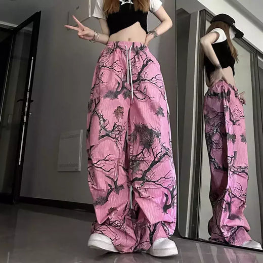 Calça casual com graffiti vintage masculina e feminina, estilo americano, estampa de camuflagem, bolso, calça de perna reta, estilo coreano, 2023