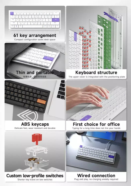Ajazz NKL61 Teclado de escritório com fio e fosco 61 teclas Corpo fino ABS Teclado de escritório com fio adequado para uso em escritório