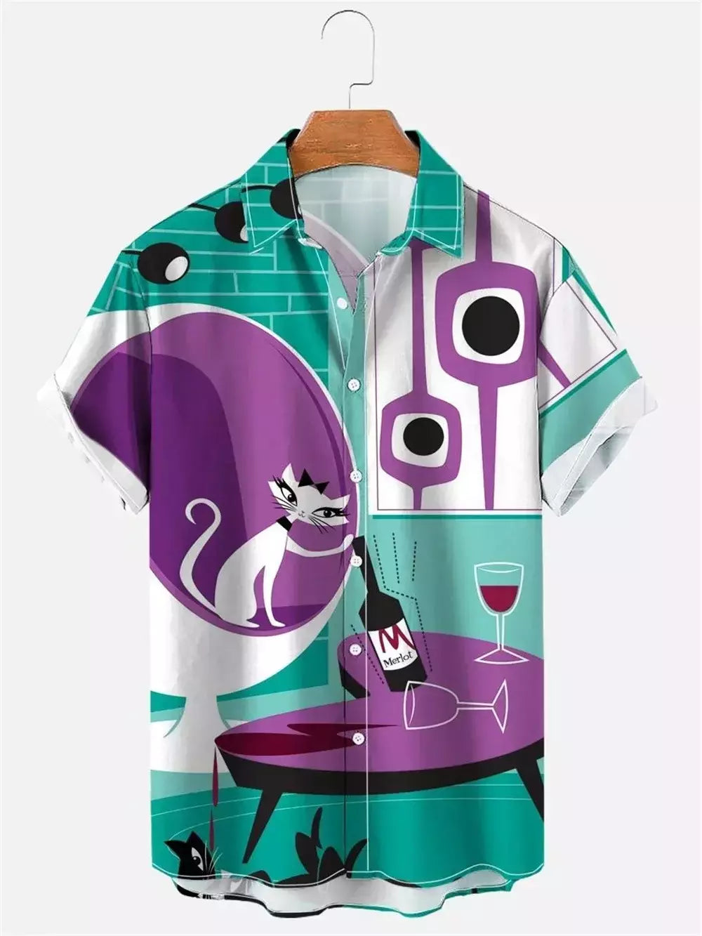 Camisa havaiana dos desenhos animados de anime masculino, Tops de manga curta, roupas casuais masculinas, rua, animais, gatos, retrô, 3D Tees, verão