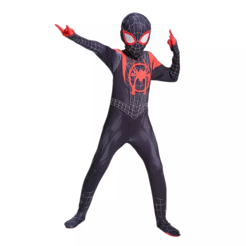 Crianças super-herói bodysuit milhas cosplay peter parker traje dos desenhos animados halloween conjunto com capuz traje de férias macacão com capuz separado