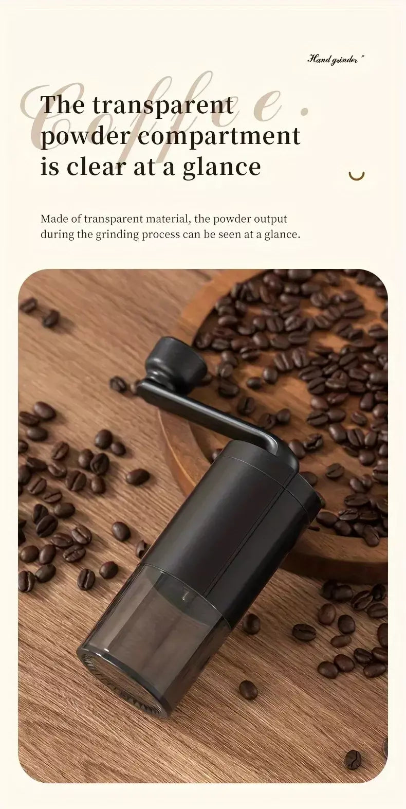 Moedor de café manual portátil, máquina manivela, moedor de feijão ajustável, viagem ao ar livre em casa, pequeno