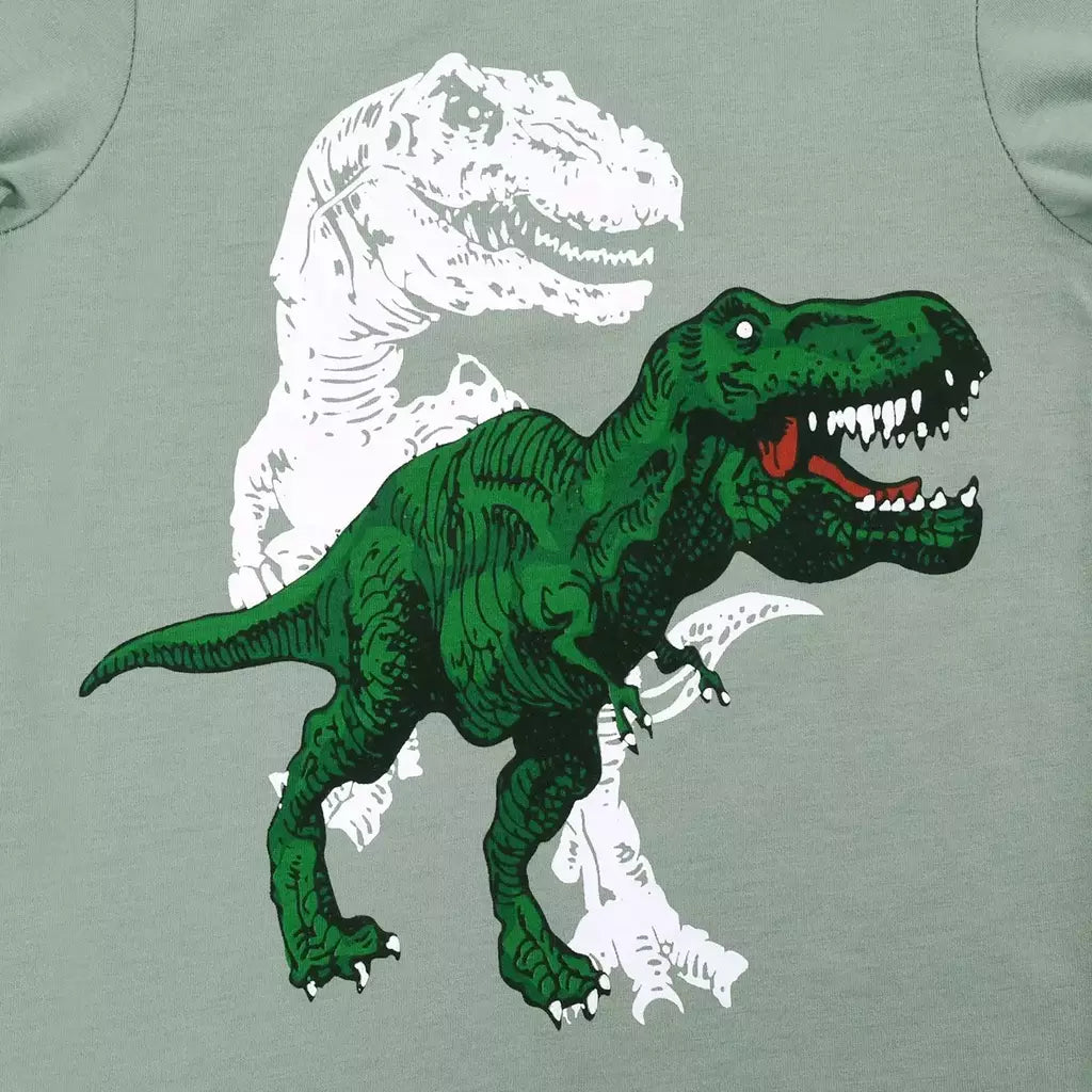 T-Rex infantil com padrão de dinossauro pijama, top e calça de manga comprida, pijama casual confortável, loungewear para menino