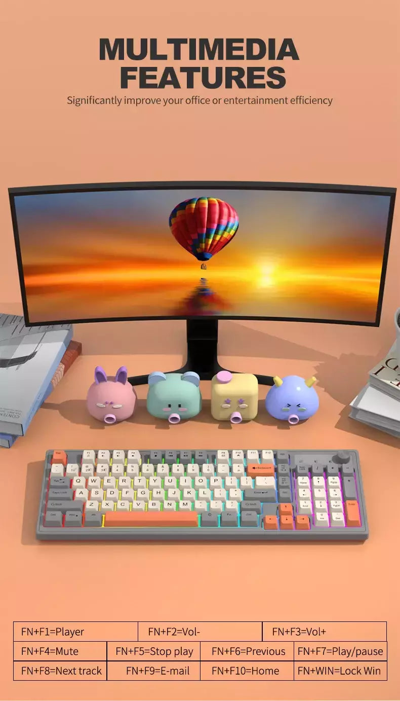 Teclado sem fio multifuncional, Luz do arco-íris, 2.4G, Bluetooth, Conexão de modo duplo, Adequado para computador e laptop, 98 teclas