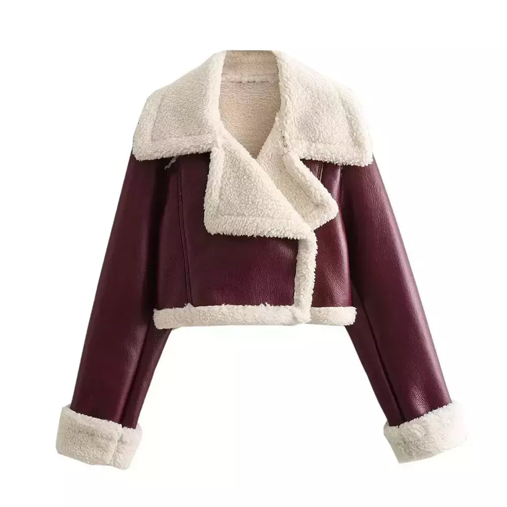 Jaqueta vintage de zíper frontal feminina, gola lapela, mangas compridas, roupas chiques femininas, monocromáticas, moda senhora