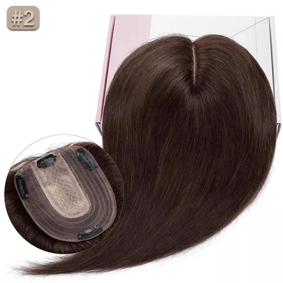 S-noilite 10x12cm toppers de cabelo em linha reta 3.5x9cm base de seda perucas de cabelo clipe em extensões de cabelo marrom cabelo humano para mulher
