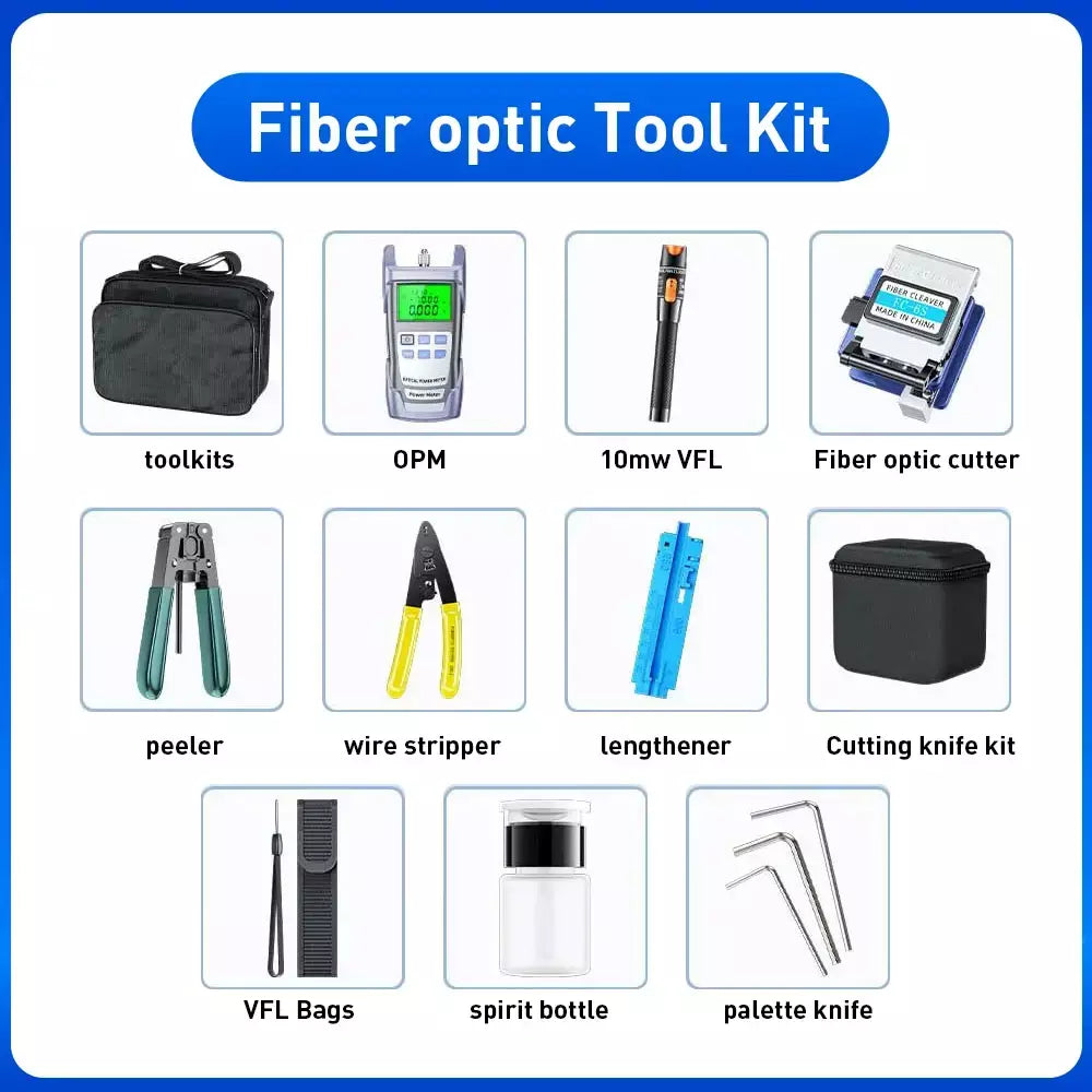 ZoeRax 11 em 1 Kit de ferramentas de fibra óptica FTTH com -70 ~ + 10dBm Medidor de potência óptica 10MW Localizador visual de falhas Cortador de fibra óptica
