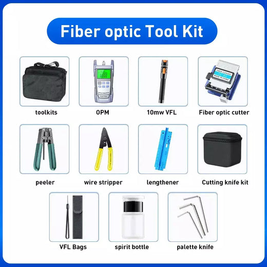 ZoeRax 11 em 1 Kit de ferramentas de fibra óptica FTTH com -70 ~ + 10dBm Medidor de potência óptica 10MW Localizador visual de falhas Cortador de fibra óptica