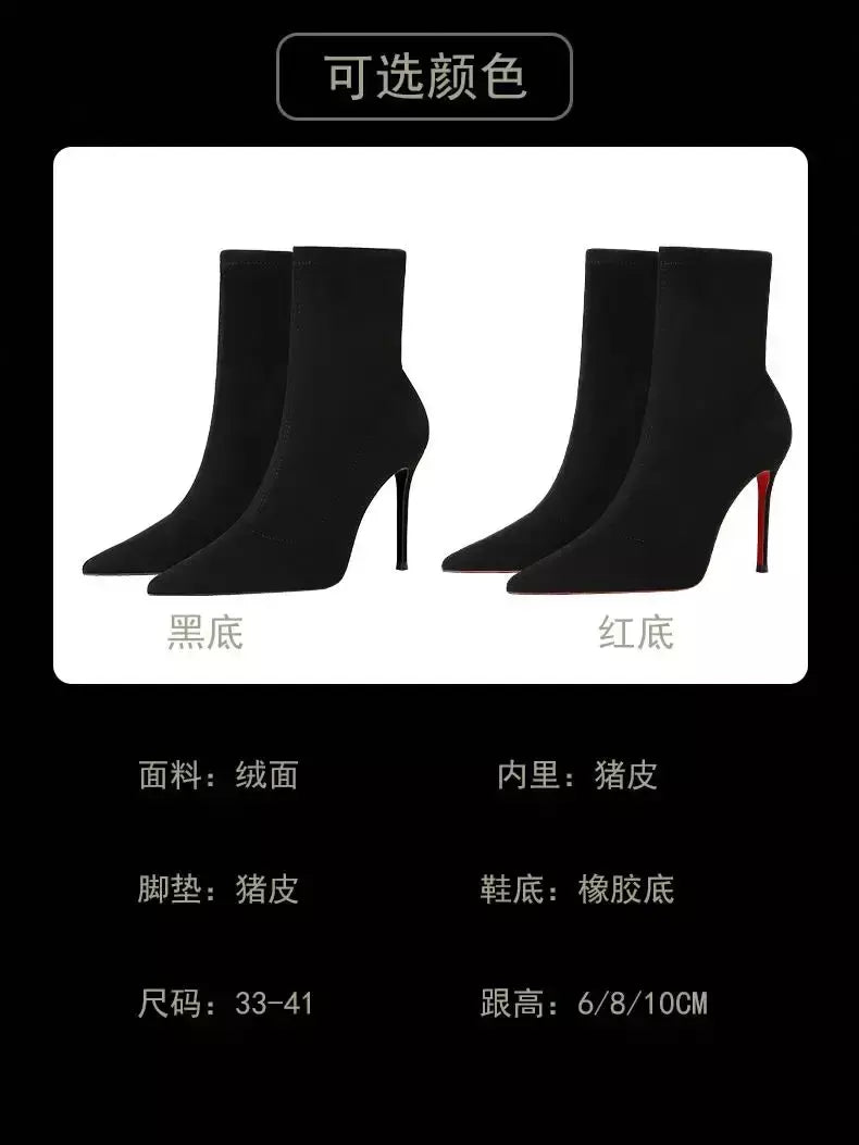 Botas de tornozelo femininas de inverno vermelho brilhante bottoms meias de malha botas outono 2025 nova moda botas de estiramento sexy feminino salto alto fem
