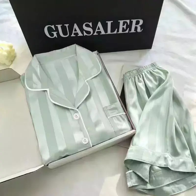 Pijama feminino de seda gelo, manga curta, calça curta, seda de simulação, roupa doméstica, cor sólida, listrado, estudante, conjunto 2 peças, S, L