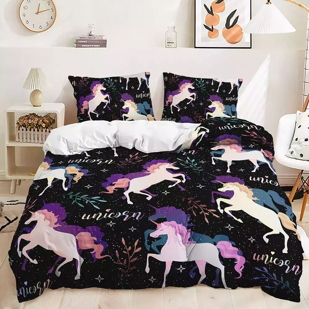 Conjunto de cama de unicórnio arco-íris, king size, queen, unicórnios arco-íris, conjunto de capa de edredom com fronha, roupa de cama de poliéster para crianças e meninas