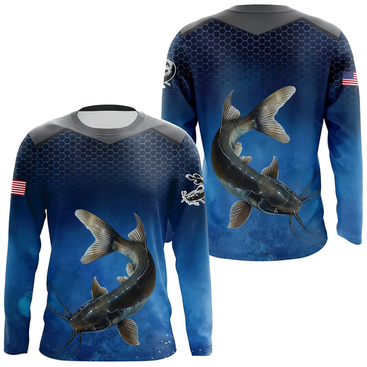 Azul camuflagem peixe-gato pesca em torno do pescoço roupas de pesca manga curta impressão casual respirável de secagem rápida absorvente de suor