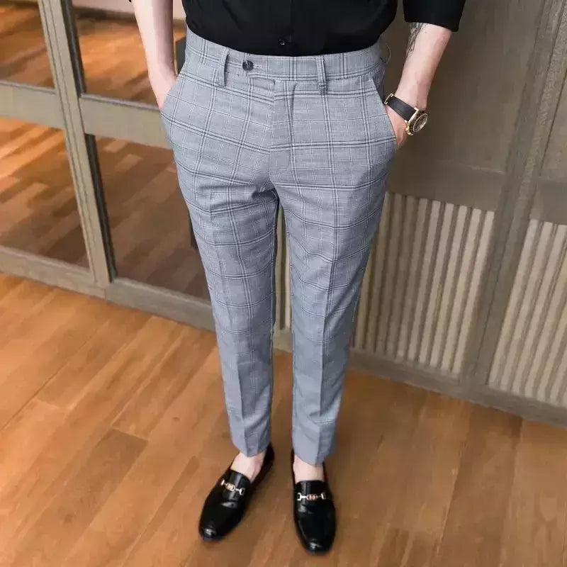 Xadrez masculino anti-rugas calças cortadas, roupas de grife casual, terno masculino reto, verão, fino, barato, designer, cheque, 9