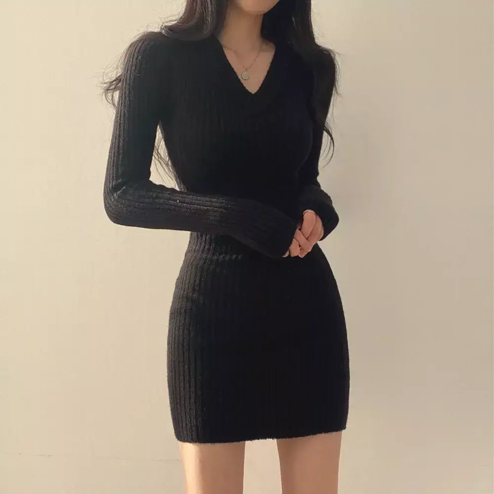 Vestidos para mulheres nova manga longa com decote em v magro vestido feminino pacote de malha hip vestido feminino vestidos de verano mujer 2025 q1082