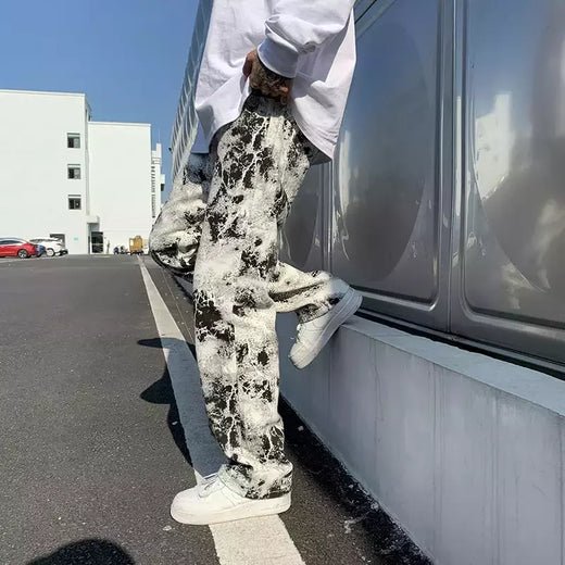 Calça jeans de perna larga larga estilo coreano masculina, calça esfregando, rua alta, hip hop, estampada, moda primavera, 2021