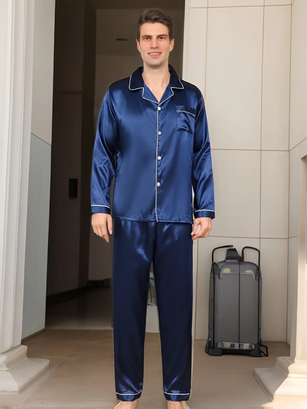 Conjuntos de pijama de seda manga comprida masculino, pijama de seda masculino, pijama de seda para casa, loungewear plus size, roupa de dormir, novo