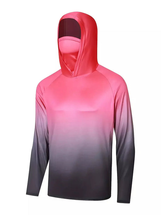 Camisa de pesca com capuz respirável masculina, top absorvente de umidade com polaina de pescoço UV e máscara facial integrada para atividades ao ar livre