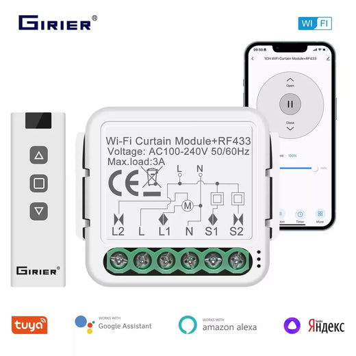 GIRIER-Módulo Interruptor Tuya Cortina inteligente, Wi-Fi, RF433, obturador de rolo elétrico, motor cego, 1 Gang, funciona com Alexa, Alice, Google Home